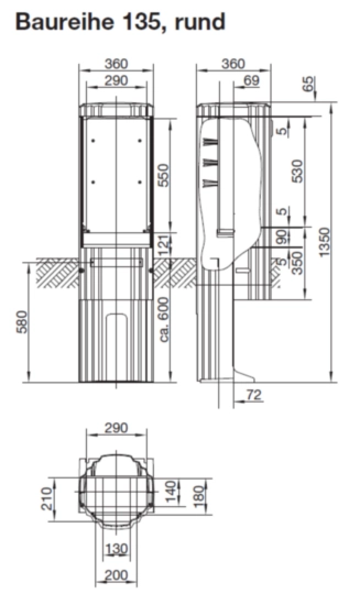 ZAL135P - Verteilersäule Baureihe 135 rund, mit MP 550x290mm, Stecktür, 1350x360mm