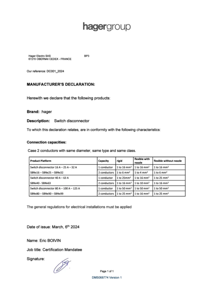 Afbeelding Manufacturer declaration switch disconnector march 2024 | Hager Belgium