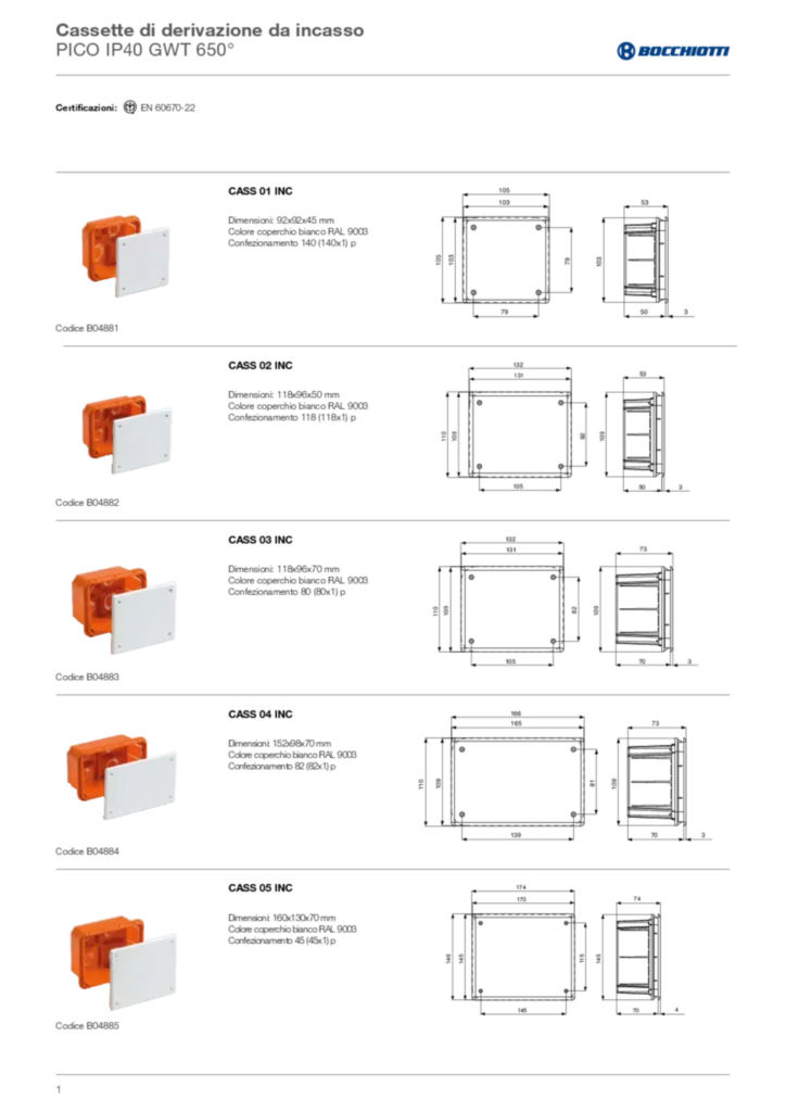 Immagine Disegni quotati Cassette di derivazione da incasso Pico IP40 | Hager Italia