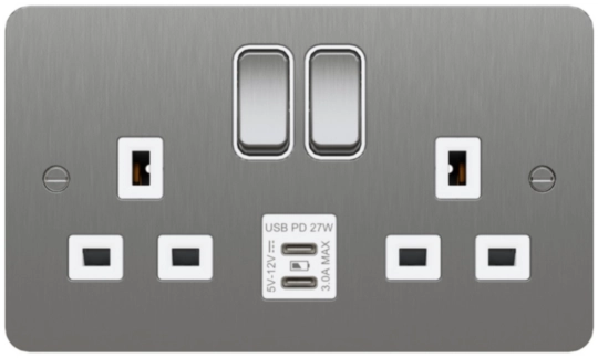 WFSS82BSW-USBCC - 13A 2 Gang Double Pole Switched Socket USB C+C PD Brushed Steel White Flat