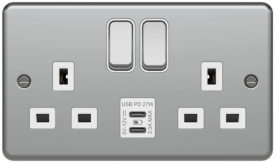WPSS82BKO-USBCC - 13A 2 Gang Double Pole Switched Socket USB C+C PD Metalclad Box with Knockouts