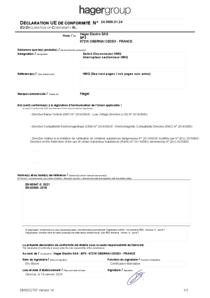 Image DÉCLARATION UE DE CONFORMITÉ | Hager Suisse