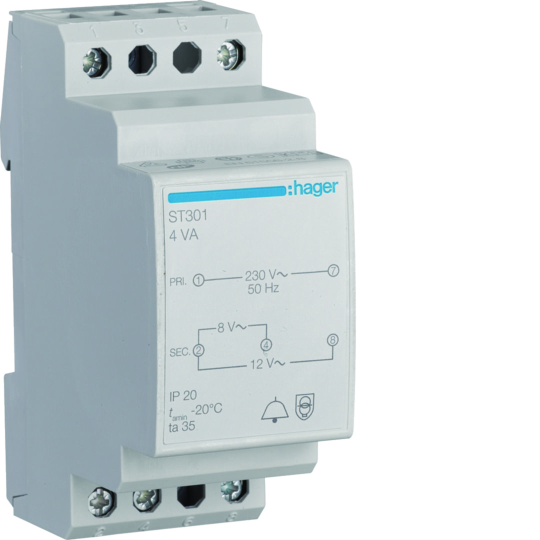 Csengőtranszformátor 1F 4VA sorolható 230V/ 8V/ 0.5A 12V/ 0.33A 2M ST Hager