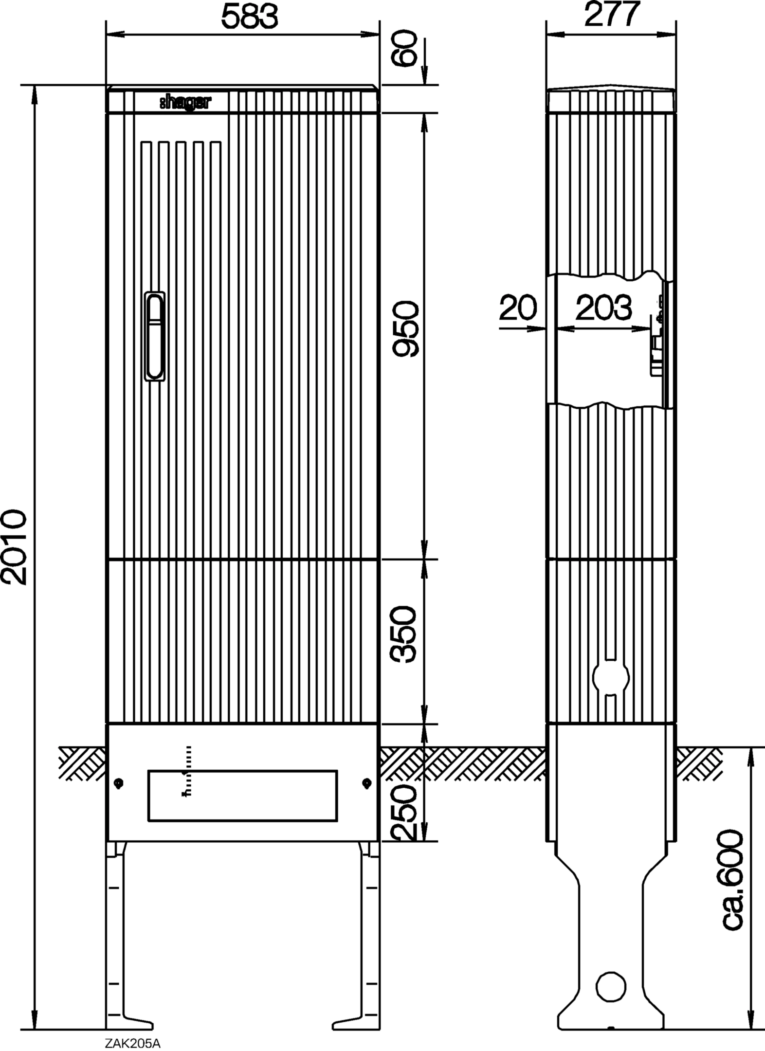 Kabelverteilersäule, ZAS, Baureihe 205, mit Sammelschienensystem, 4 x E-Cu