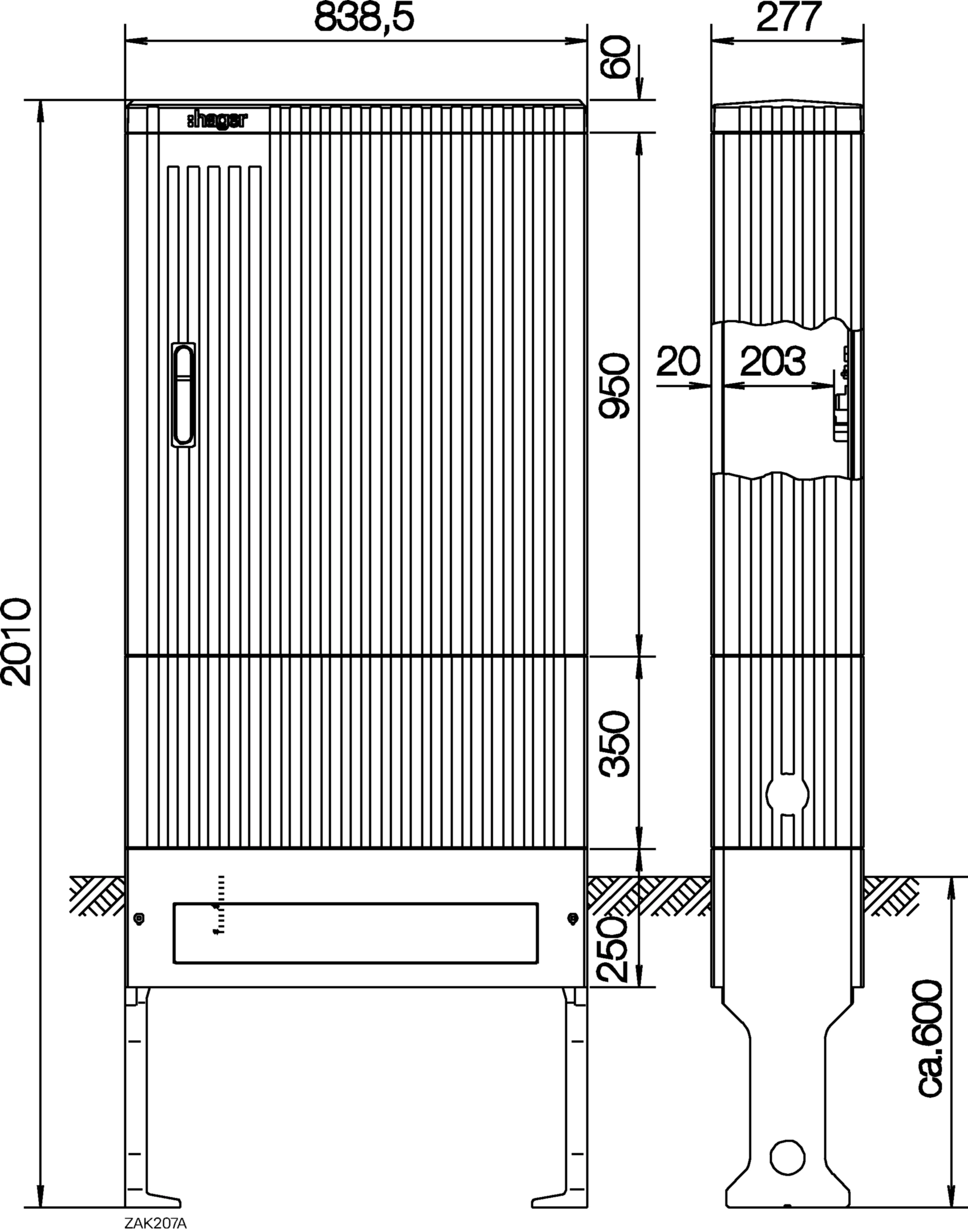 Kabelverteilersäule, ZAS, Baureihe 207, mit Sammelschienensystem, 4 x E-Cu