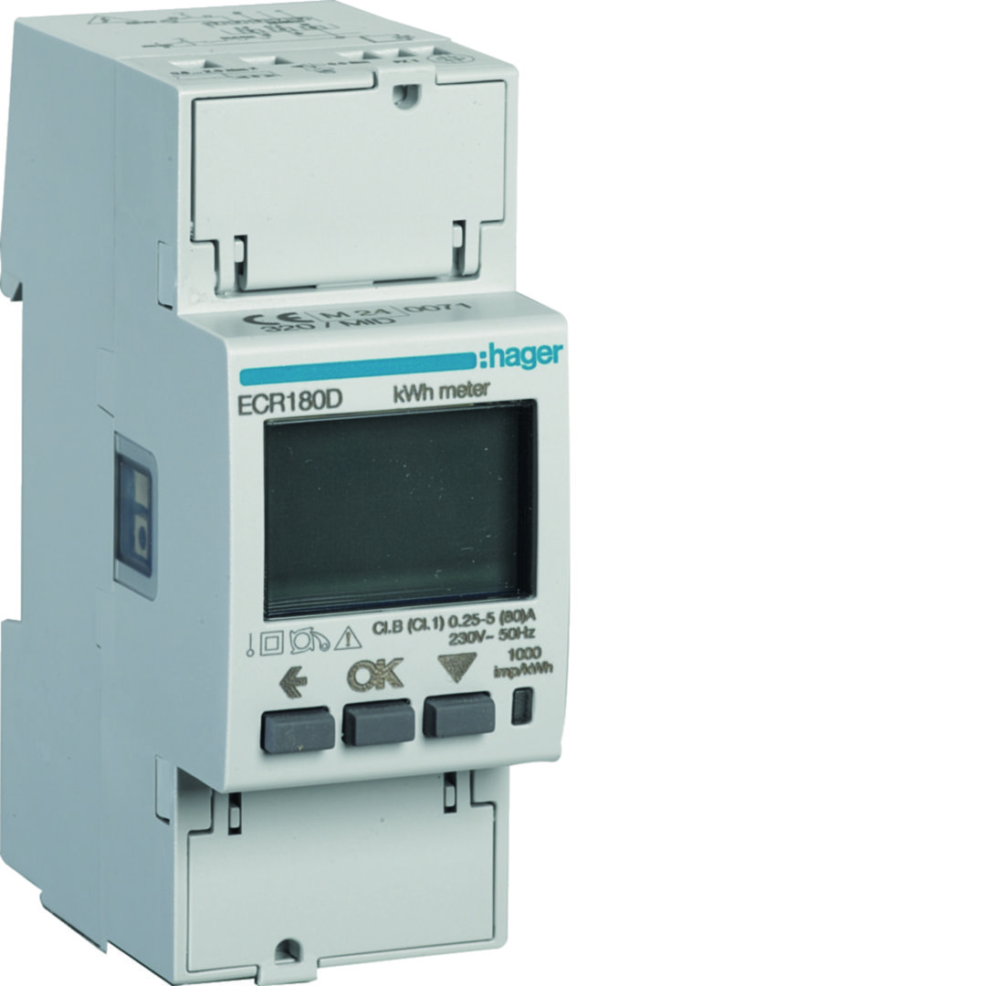 Fogyasztásmérő 1F impulzusadós LCD MID Modbus 80A direkt elektronikus 92-276V 1-fázis ECR Hager