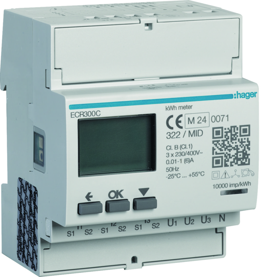 Fogyasztásmérő 3F impulzusadós LCD MID Modbus 6A áramváltós elektronikus 92-276V 4M ECR Hager