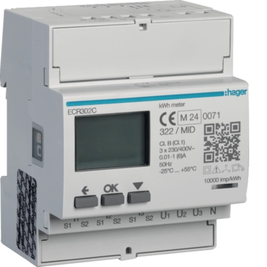 ECR302C - Energiezähler 3phasig für Wandlerverhältnis 1A oder 5A, 4M, MODBUS, MID
