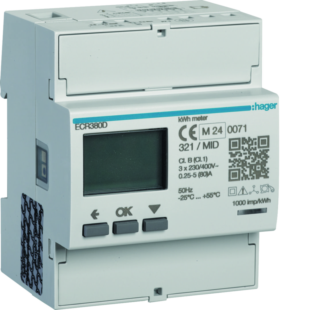 Fogyasztásmérő 3F impulzusadós LCD MID Modbus 80A direkt elektronikus 92-276V 160-480V/ ECR Hager