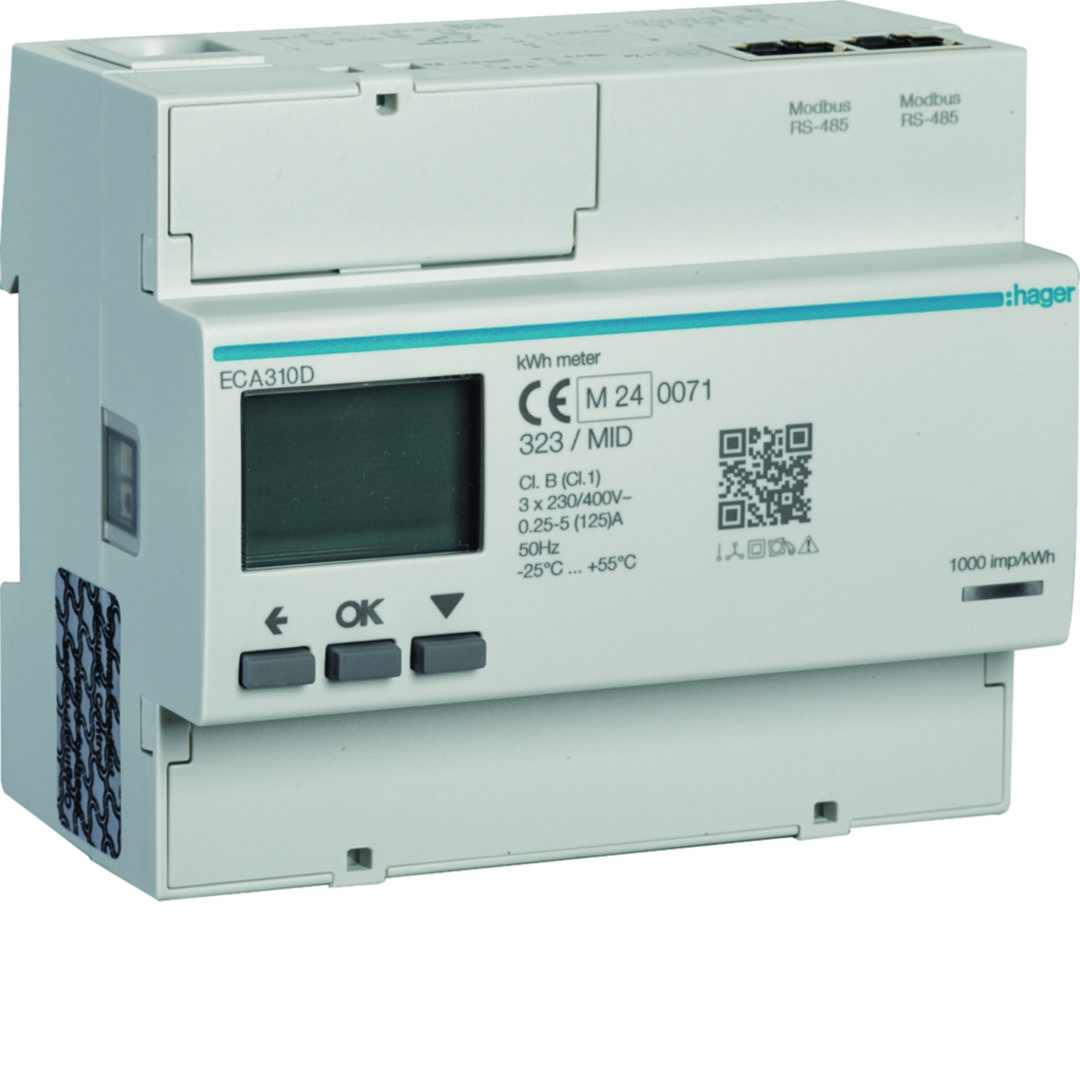 Fogyasztásmérő 3F impulzusadós LCD MID Modbus direkt 125A elektronikus 92-276V 160-480V/ 3/4-vezetékes B-osztály 6M ECA Hager