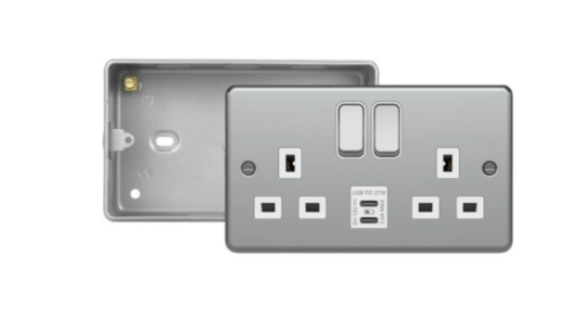 WPSS82BKO-USBAC - DP Switched Socket 13A 2G USB A+C ports Metalclad Grey c/w Box with KO
