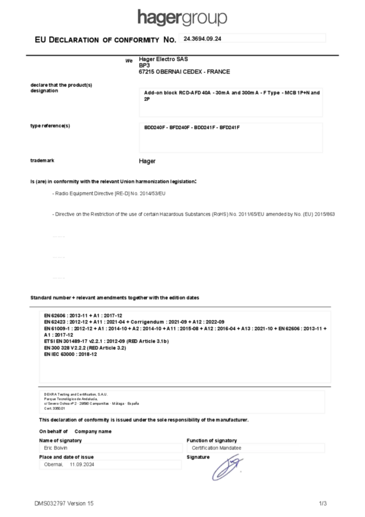 Image EU Declaration of Conformity | Hager France