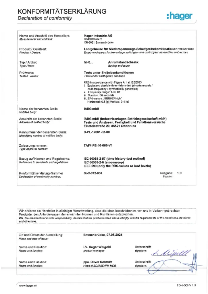 Image Déclaration de conformité en-GB, de-CH 2024-05-14 | Hager Suisse