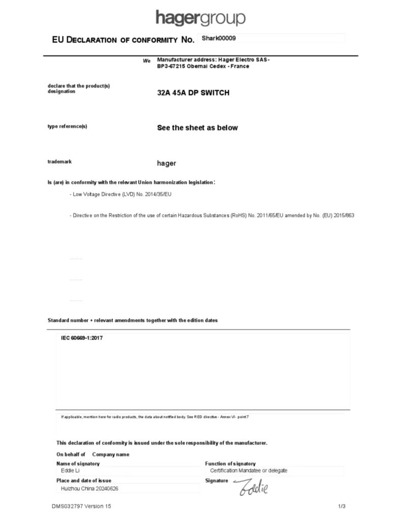 Image Declaration of conformity en-GB 2024-06-26  | Hager Africa