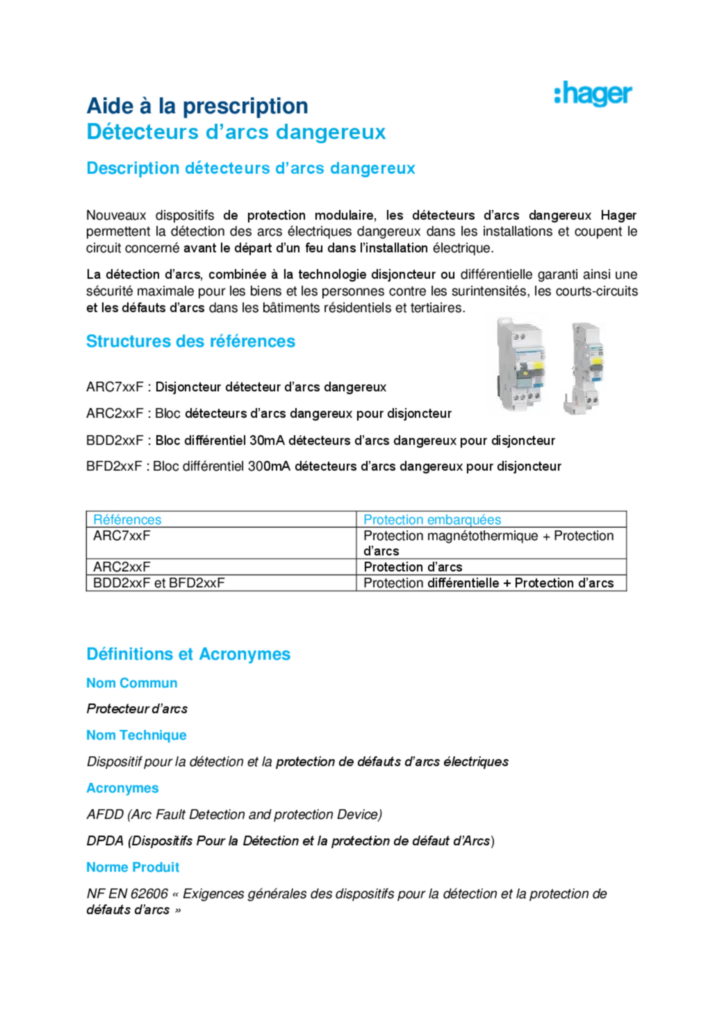 Image Détecteur d'arcs dangereux - Fiche prescription - CCTP | Hager France