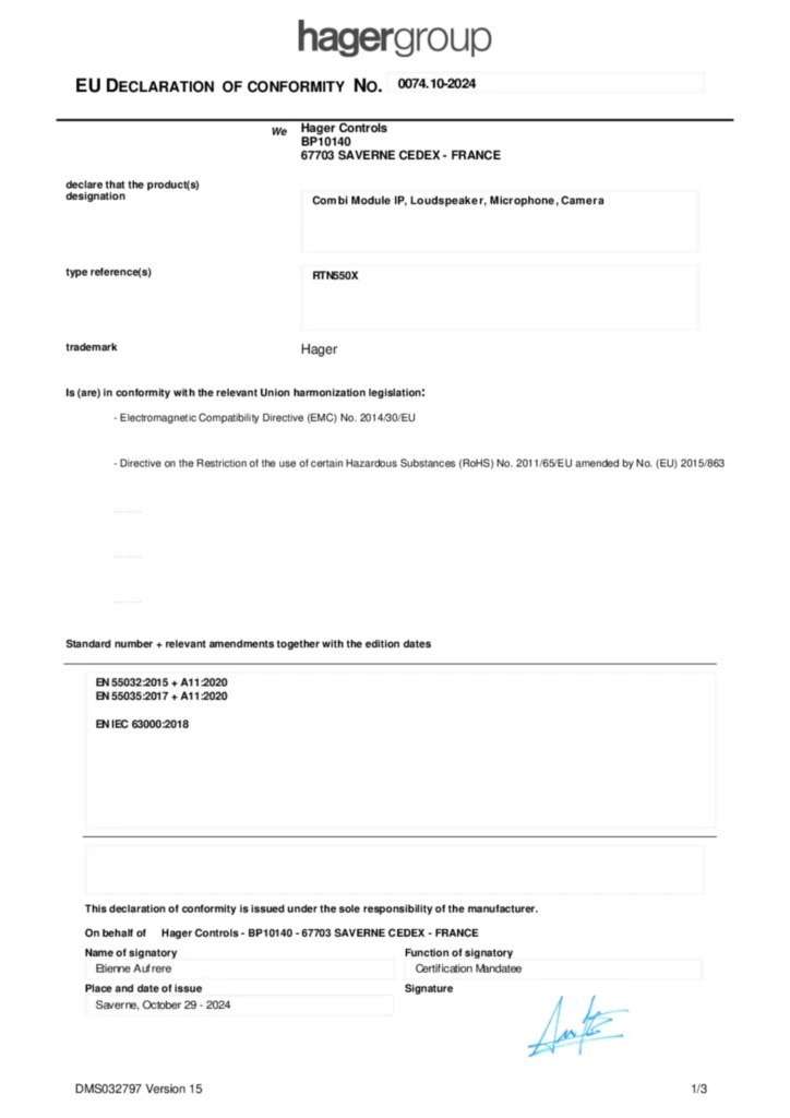 Bild EU Declaration of Conformity | Hager Schweiz