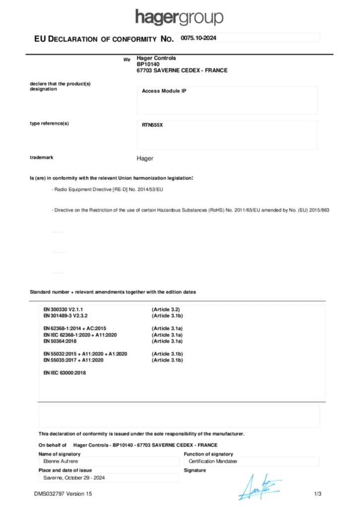 Bild EU Declaration of Conformity | Hager Deutschland