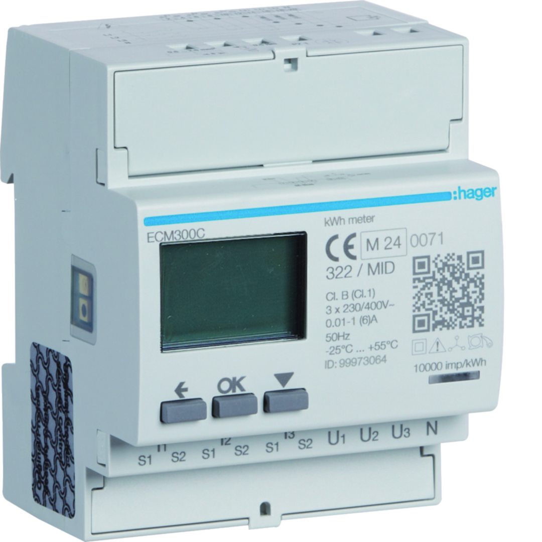 Fogyasztásmérő 3F impulzusadós LCD MID M-Bus 6A áramváltós elektronikus 92-276V 4M ECM Hager