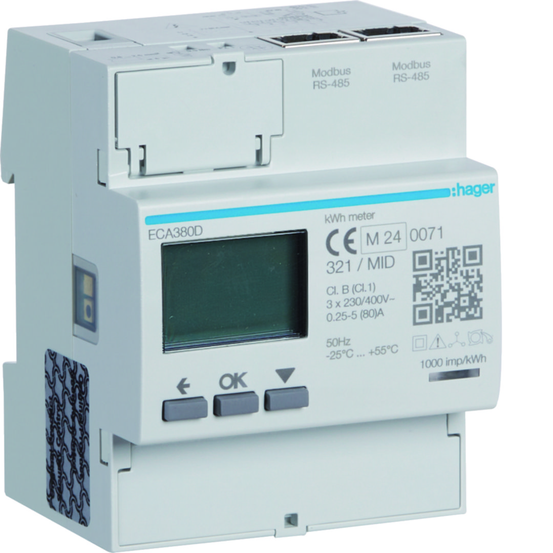 Fogyasztásmérő 3F impulzusadós LCD MID Modbus direkt 80A elektronikus 92-276V 160-480V/ 3/4-vezetékes B-osztály 4M ECA Hager