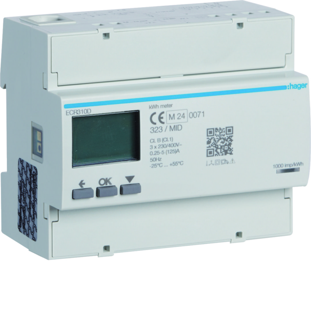 Fogyasztásmérő 3F impulzusadós LCD MID Modbus 125A direkt elektronikus 92-276V ECR Hager