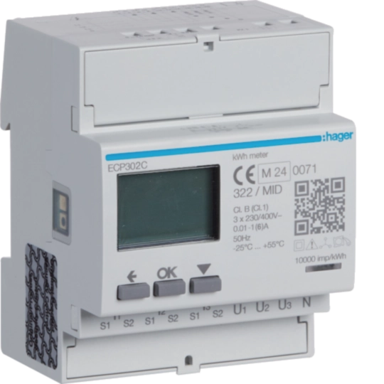ECP302C - Energiezähler 3phasig für Wandlerverhältnis 1A oder 5A, 4M, SO, MID