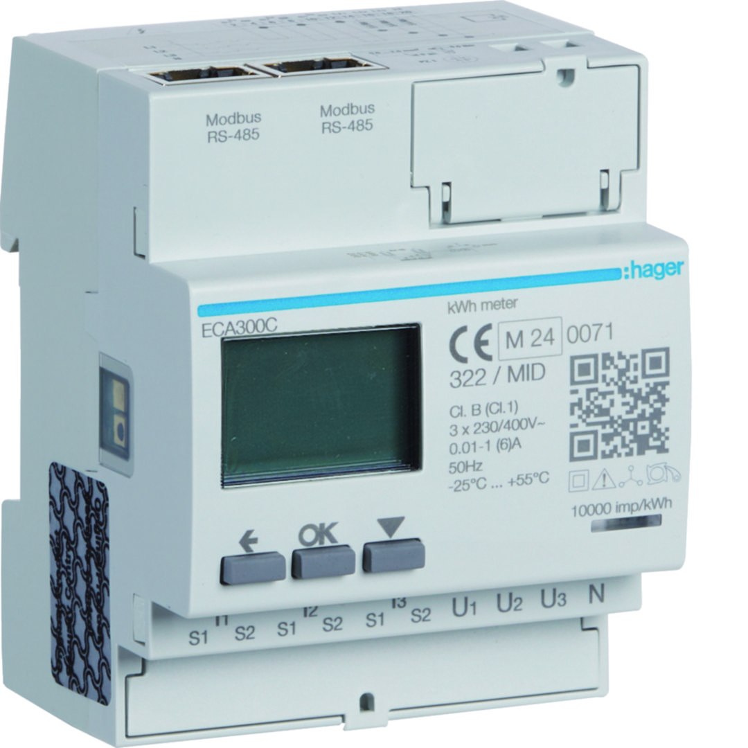 Fogyasztásmérő 3F impulzusadós LCD MID Modbus áramváltós 6A elektronikus 92-276V 160-480V/ 4-vezetékes B-osztály 4M ECA Hager