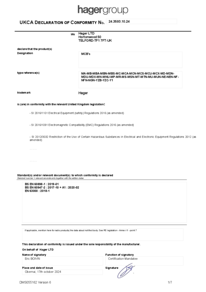 Imagem Declaração de conformidade en-GB 2024-10-17 | Hager Portugal