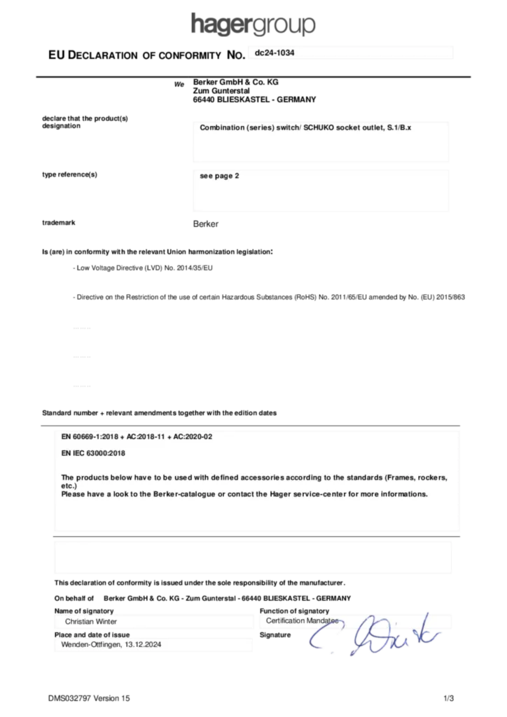 Afbeelding Conformiteitsverklaring en-GB 2024-12-13 | Hager Nederland
