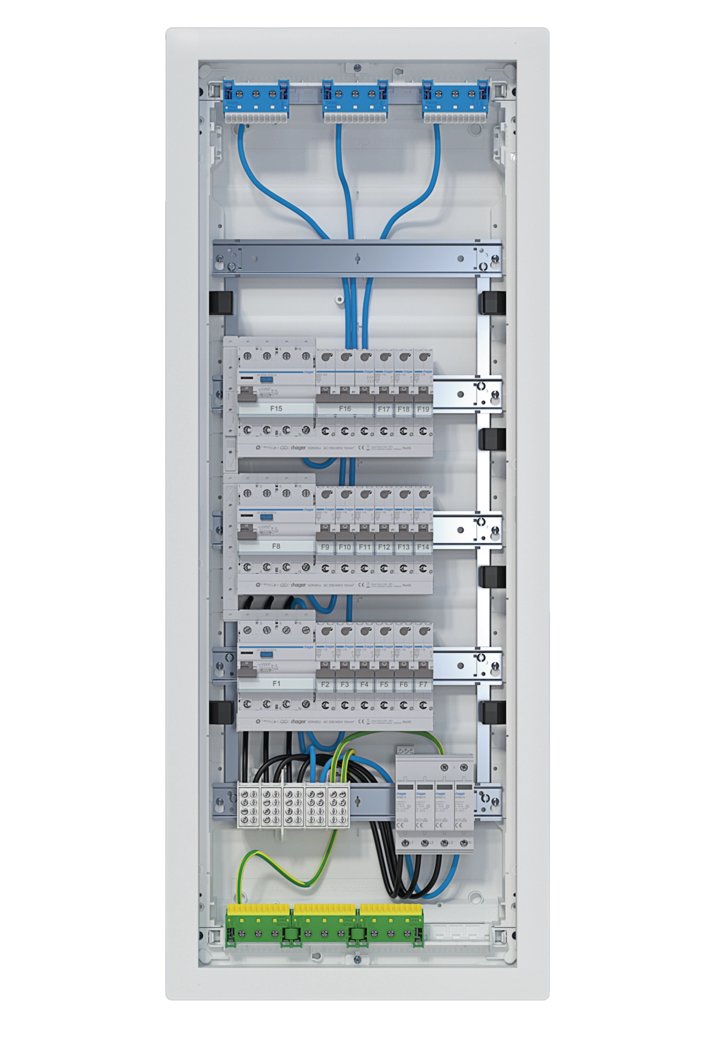 Kleinv.,volta,HWV,5x12PLE,IP30,bestückt u. verdrahtet,3 FI-Kreise,Übersp.ableit