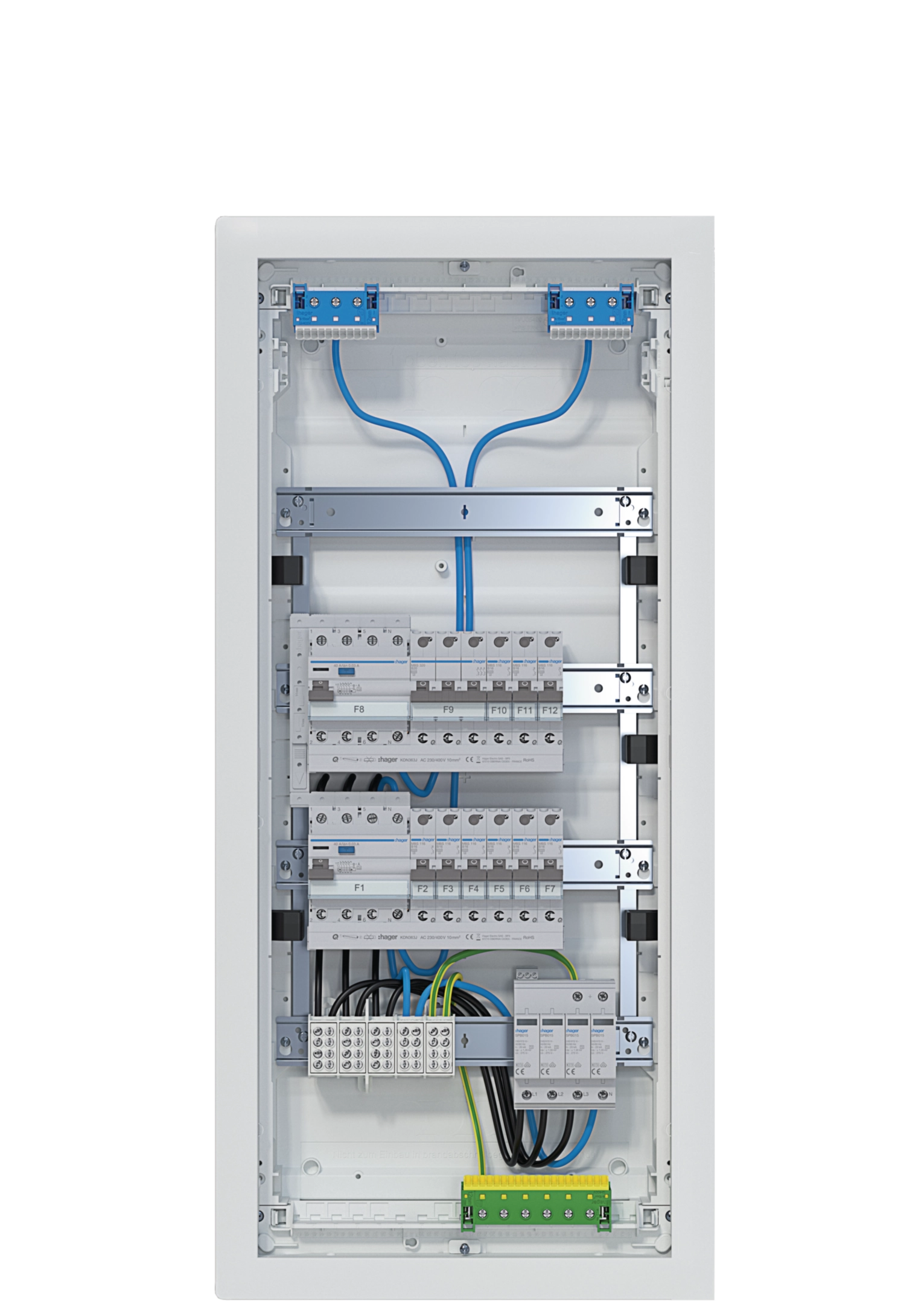 Kleinv.,volta,UPV,4x12PLE,IP30,bestückt u. verdrahtet,2 FI-Kreise,Übersp.ableit