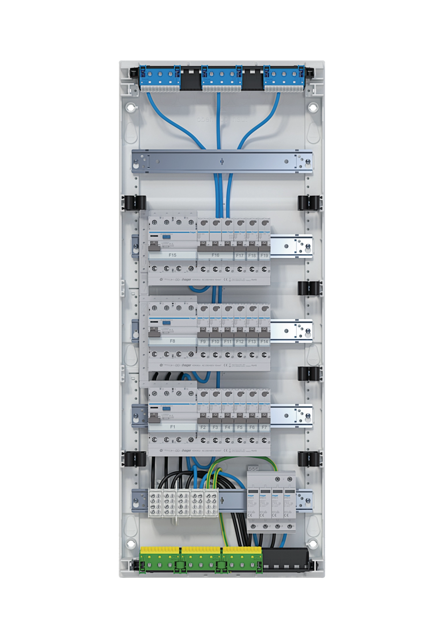 Kleinv.,volta,APV,5x12PLE,IP30,bestückt u. verdrahtet,3 FI-Kreise,Übersp.ableit