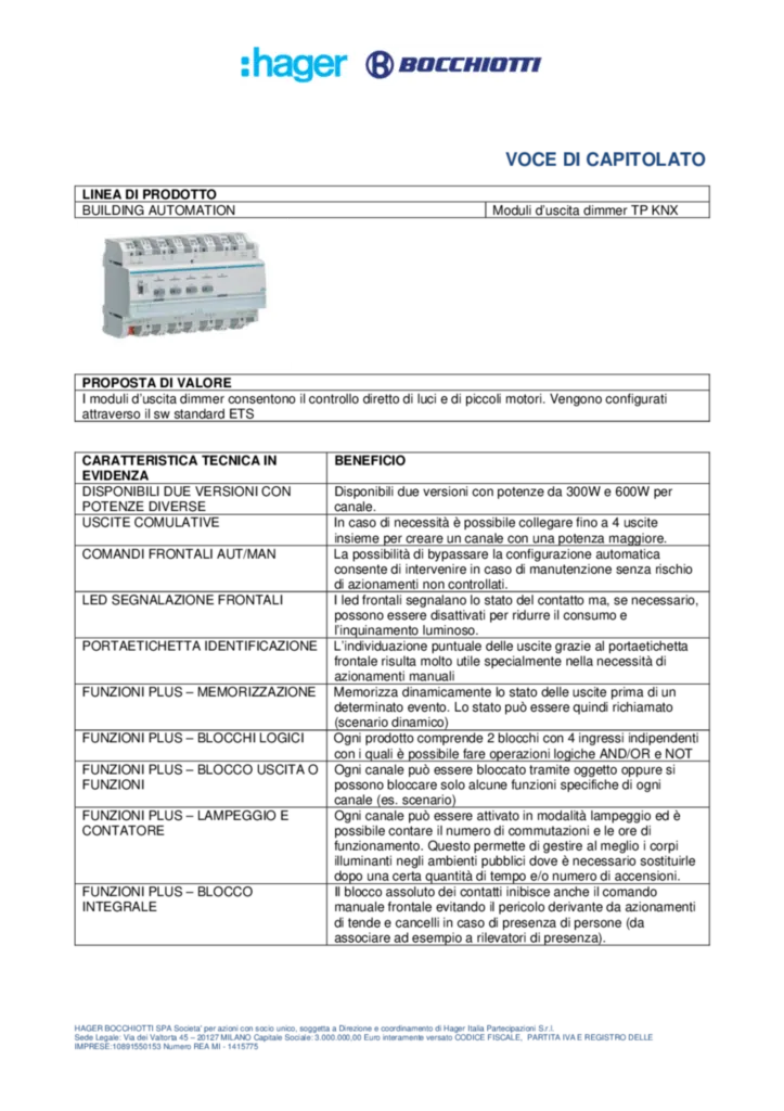 Immagine Voce di capitolato KNX TYA664AN_TYA664BN | Hager Italia