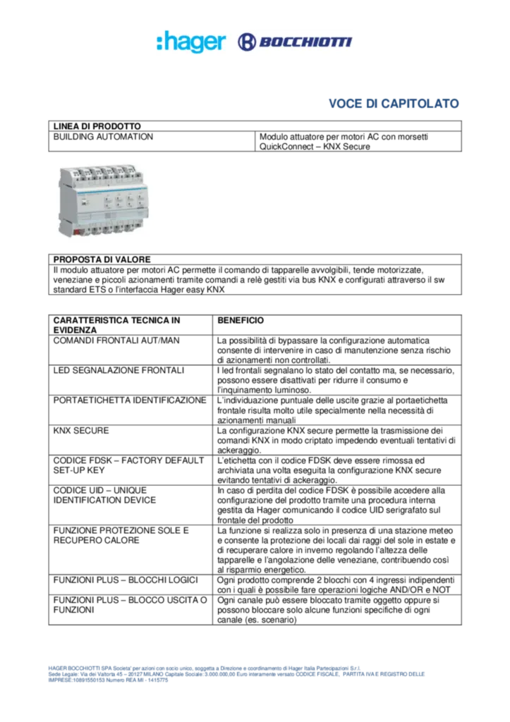 Immagine Voce di capitolato KNX TYAS628C | Hager Italia