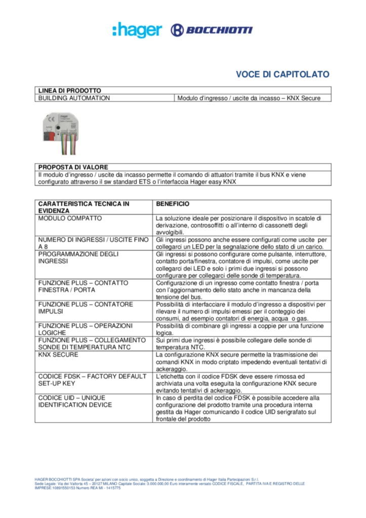 Immagine Voce di capitolato KNX TYBS794A | Hager Italia