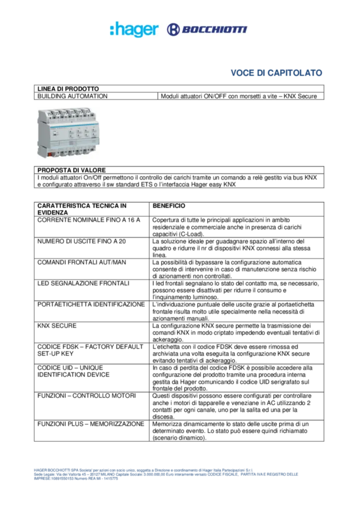 Immagine Voce di capitolato KNX TYMS616D-TYMS620D | Hager Italia