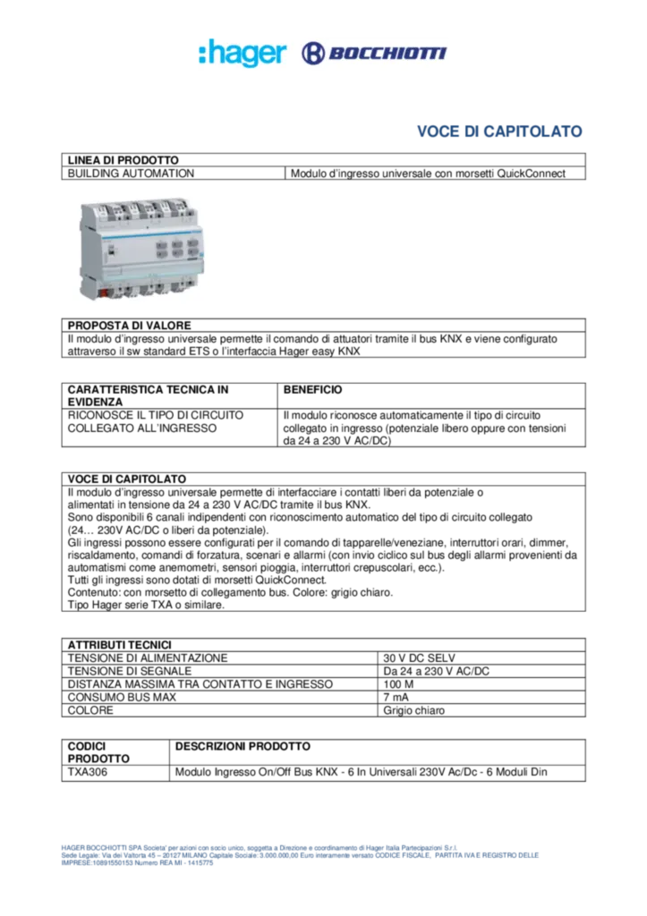 Immagine Voce di capitolato KNX TXA306 | Hager Italia