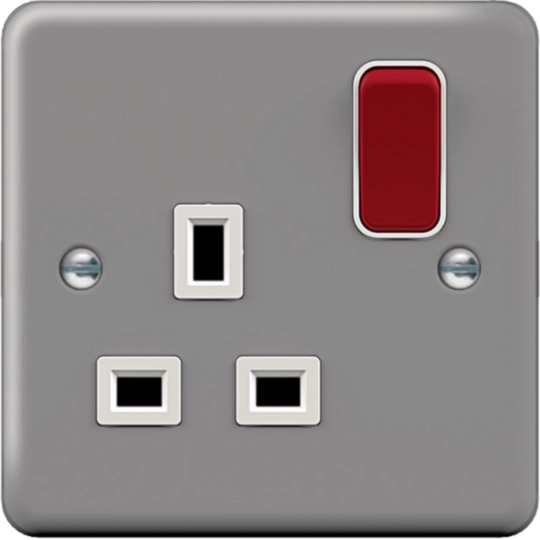 WPSS81RBKO - 1 Gang Double Pole Switched Socket with Red Rocker &amp; Back Box with