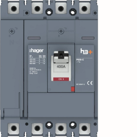 HCW401AR - Vermogensschakelaar h3+, P630 4P 400 A, boutaansluiting