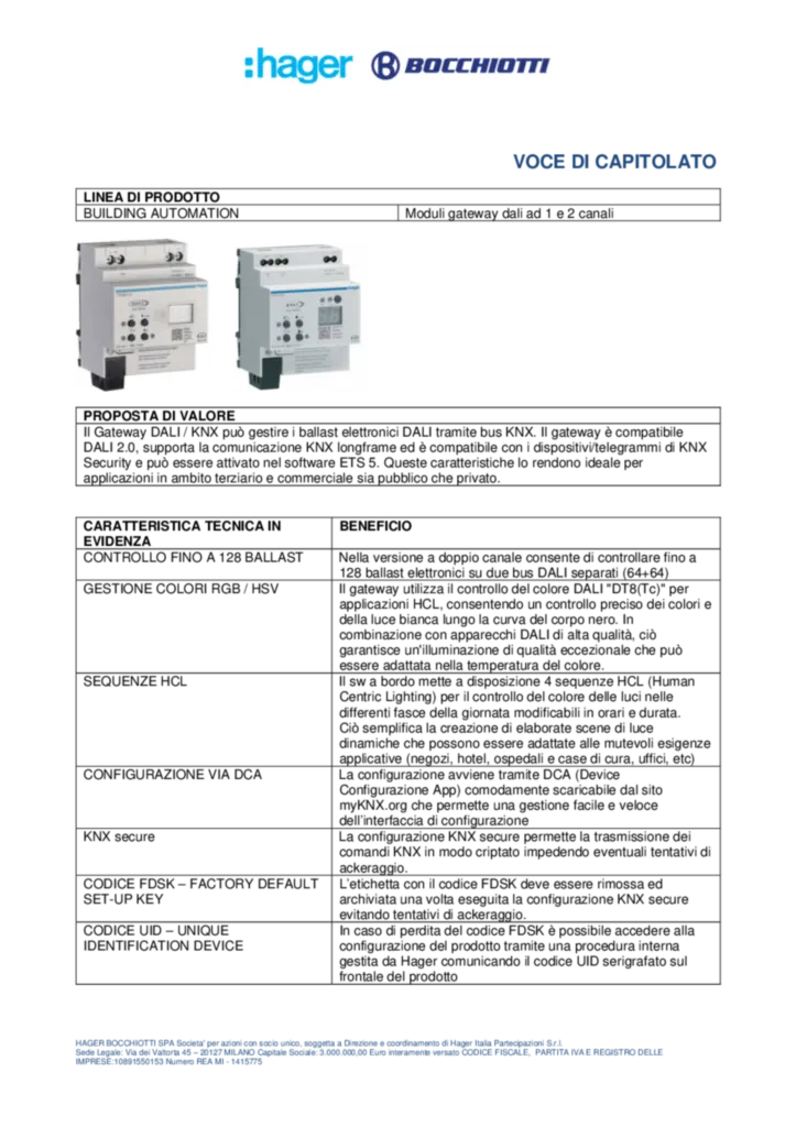 Immagine Voce di capitolato KNX TYFS671D - TYFS672D | Hager Italia