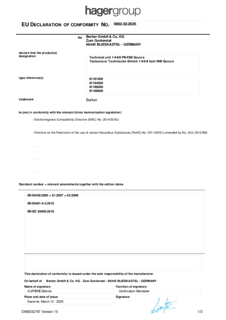 Bild EU Declaration of Conformity | Hager Deutschland