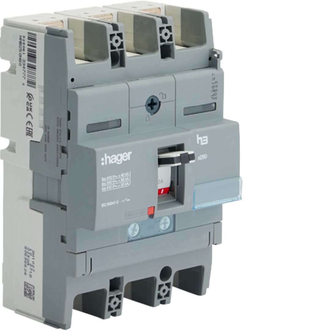 Kompakt megszakító TM-kioldóval 3P fix 250A 160-250A-hő 40kA 1250-2750A-zárlati 220-415V HNBH Hager