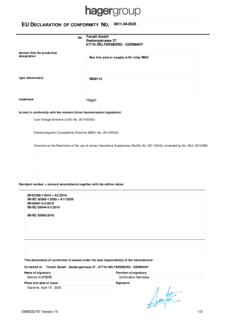 Afbeelding Conformiteitsverklaring en-GB 2025-04-15 | Hager Nederland