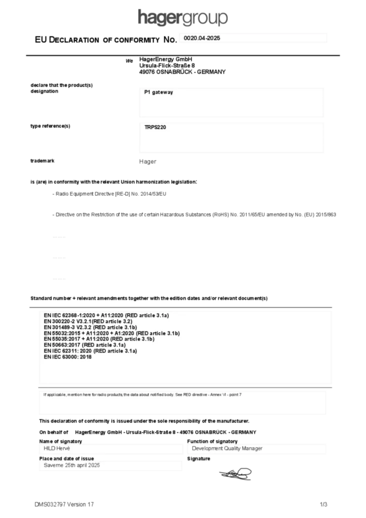 Afbeelding Conformiteitsverklaring en-GB 2025-04-25 | Hager Nederland