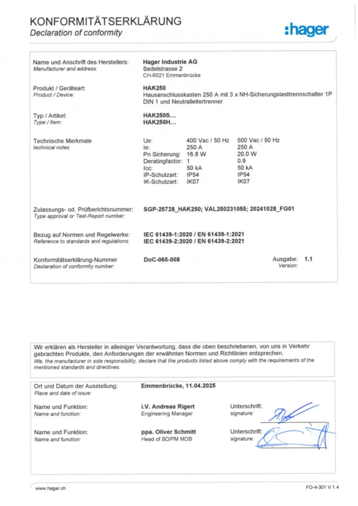 Bild Konformitätserklärung en-GB, de-CH 2025-04-11 | Hager Schweiz