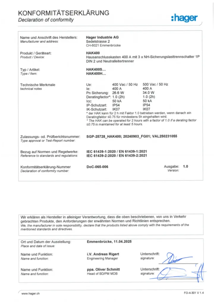 Bild Konformitätserklärung en-GB, de-CH 2025-04-11 | Hager Schweiz