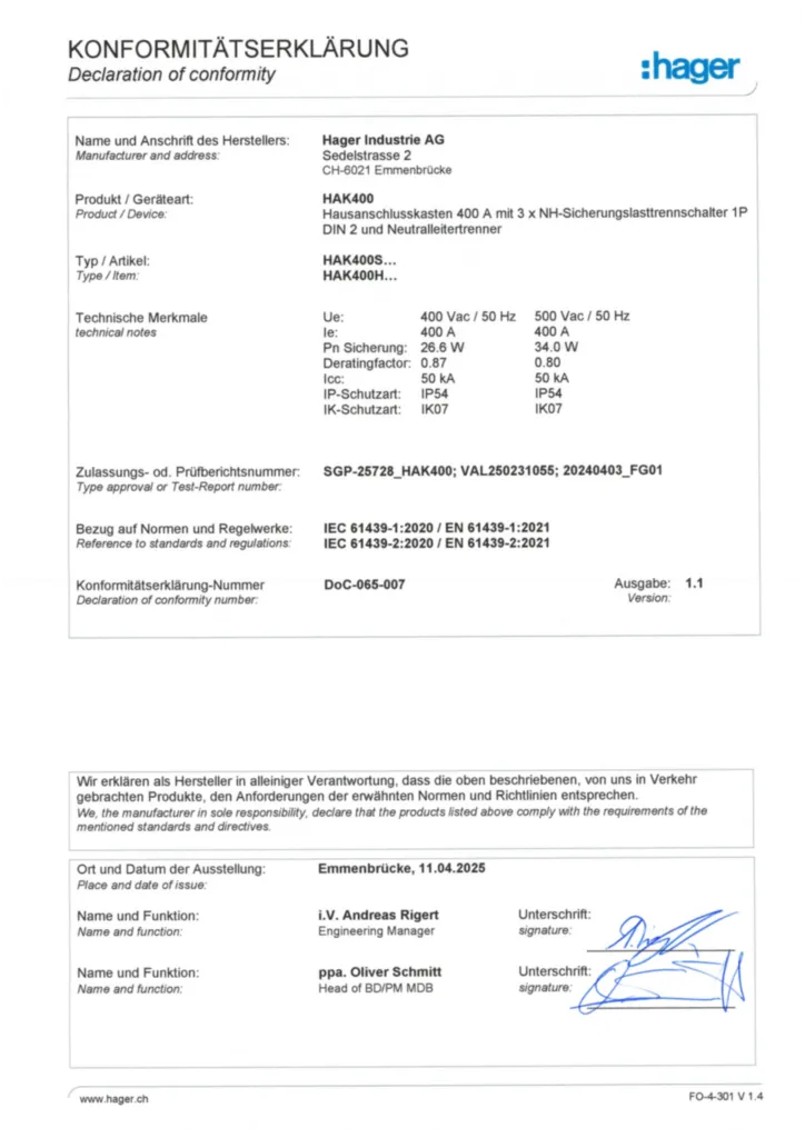 Bild Konformitätserklärung en-GB, de-CH 2025-04-11 | Hager Schweiz