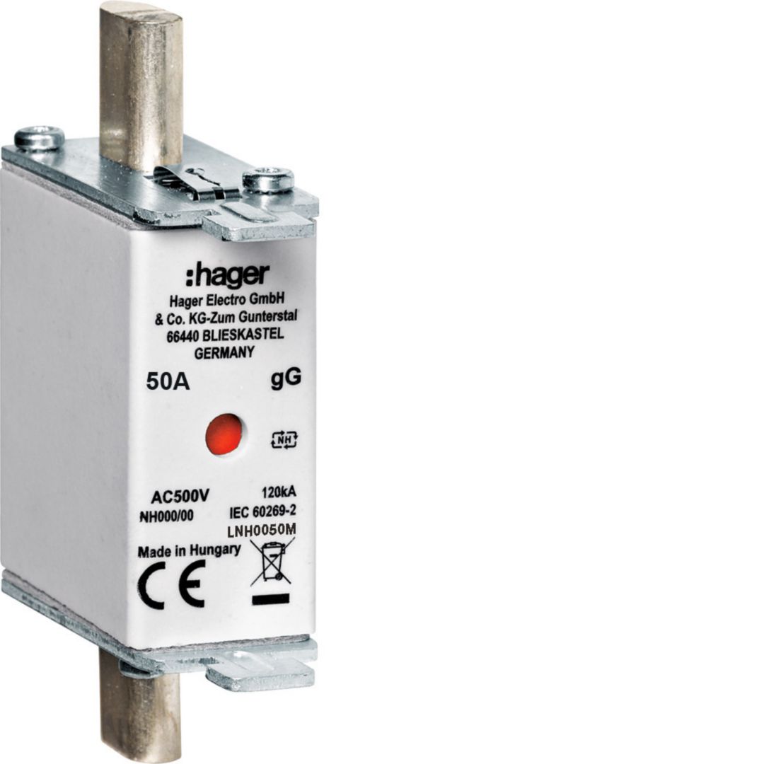 NH biztosítóbetét gG NH000 50A gL/gG (kábel-/készülékvédő) 500V AC 120kA LNH Hager
