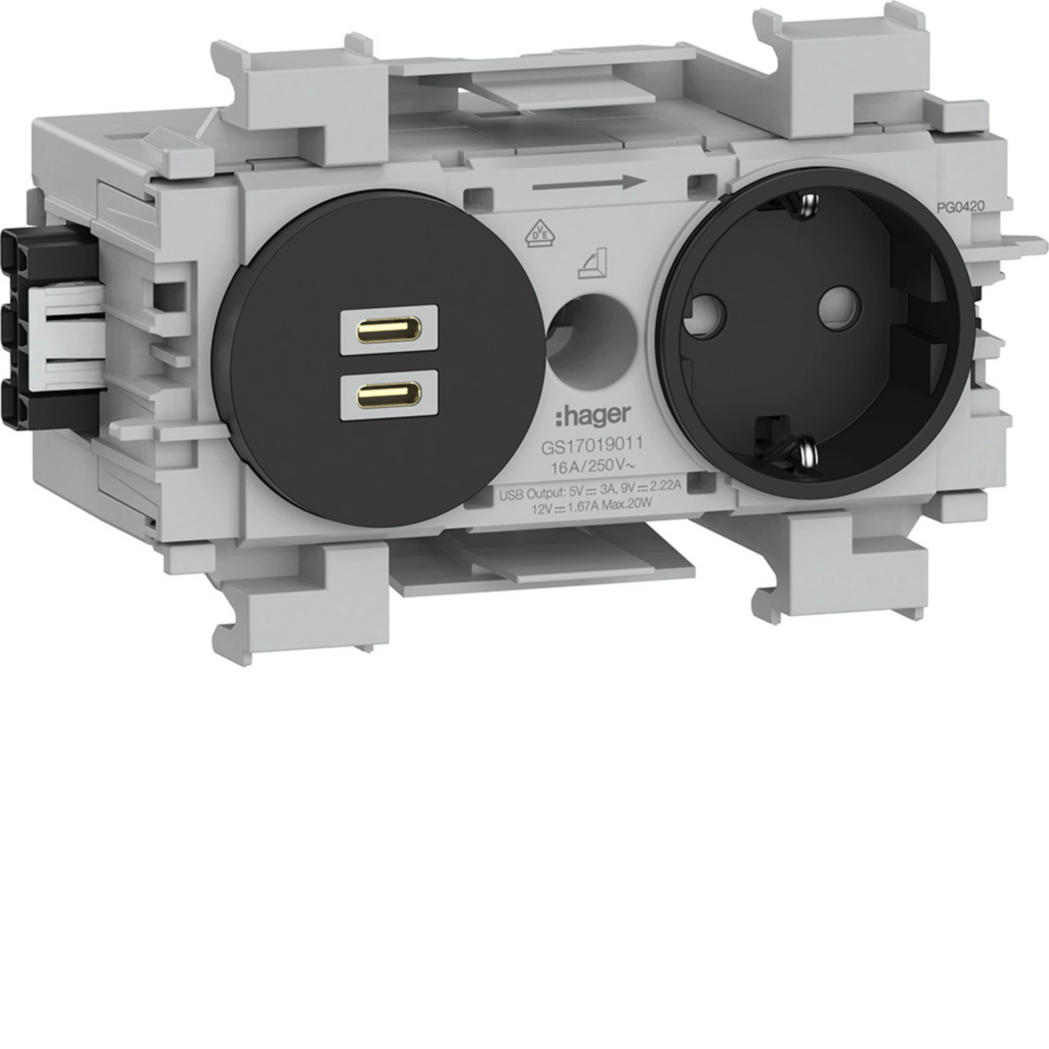 Steckdose 1-fach mit USB-Charger C + C PD 20W Winsta Frontrastend graphitschwarz