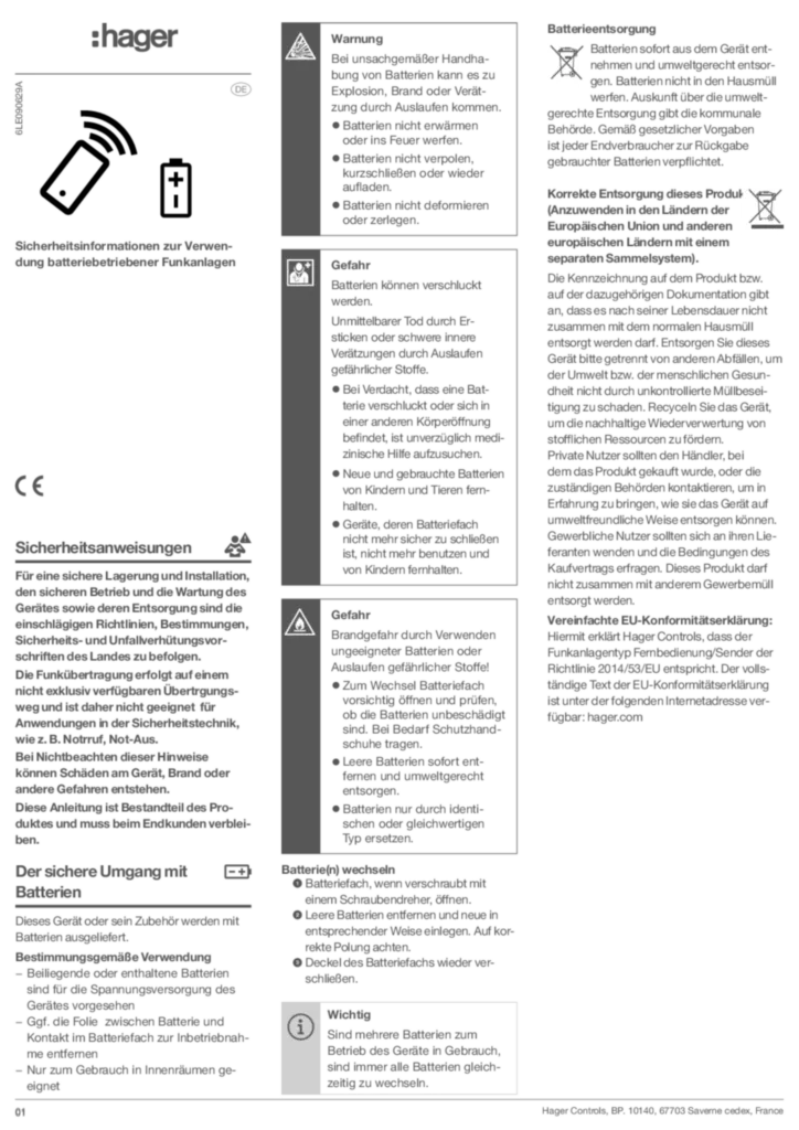 Bild Batterie-Sicherheitsanweisungen (DE) | Hager Deutschland
