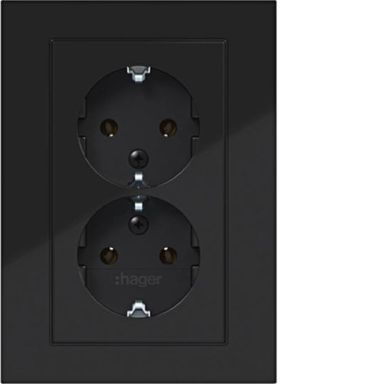 WAS2177BG - Doppelsteckdose SCHUKO mit Abdeckplatte, hoch, Steckklemmen, A.8, n.schwarz gl